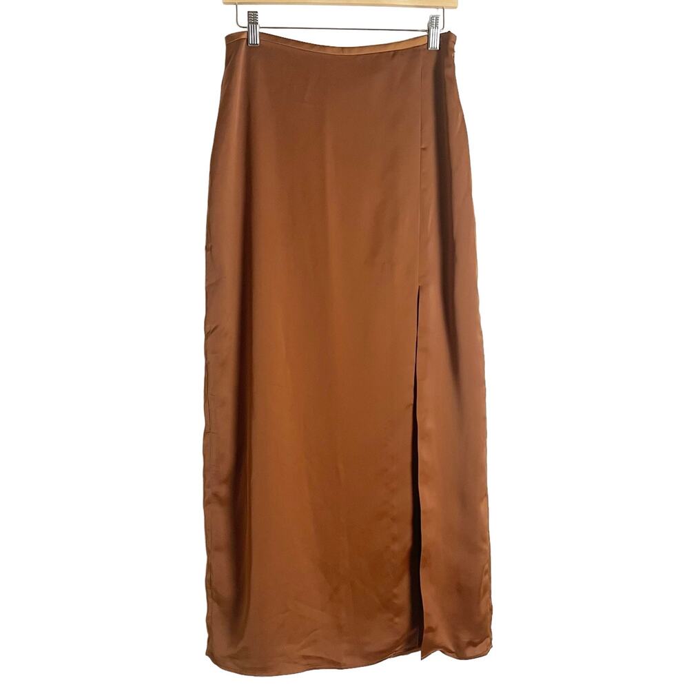 Club Monaco Trycia Brown Slit Satin Bias Midi Skirt Size 6 - Picture 6 of 14